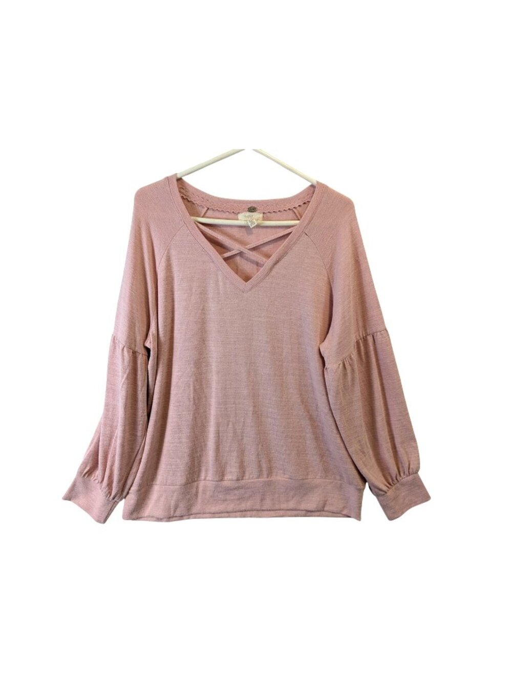 Cupio Womens XL Pink Balloon Sleeve Knit Top Criss Cross V Neck Lounge Casual